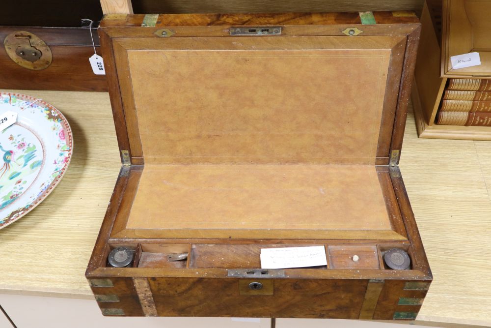 A George III burr walnut brass bound writing slope, length 50cm